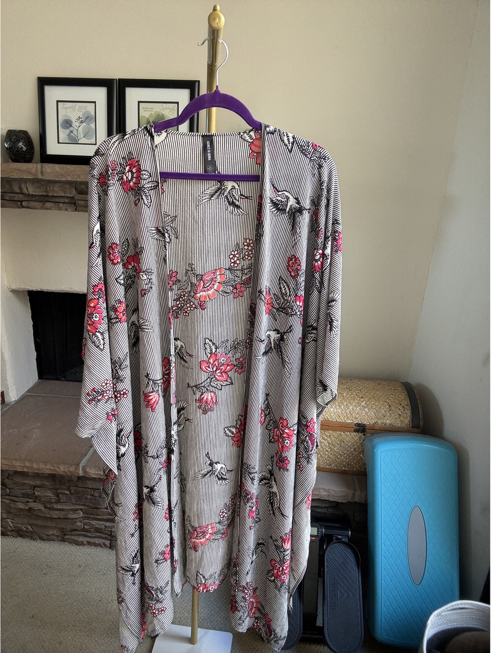 Agnes and Dora Black-and-white crane-print pinstripe duster One Size